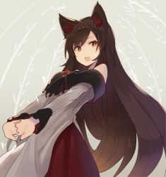 Rule 34 | 1girl, animal ear fluff, animal ears, bare shoulders, breasts, brooch, brown eyes, brown hair, commentary request, cowboy shot, dress, falken (yutozin), fingernails, grey background, highres, imaizumi kagerou, jewelry, long hair, long sleeves, looking at viewer, medium breasts, multicolored clothes, multicolored dress, nail polish, off-shoulder dress, off shoulder, one-hour drawing challenge, open mouth, red dress, red nails, sharp fingernails, simple background, solo, standing, touhou, very long hair, white dress, wolf ears