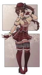 Rule 34 | 1girl, :d, arm at side, bare shoulders, black bow, black bowtie, black sclera, black thighhighs, blue eyes, boots, bow, bow earrings, bowtie, breasts, bright pupils, brown hair, clothing cutout, collared shirt, colored sclera, commentary, commission, corset, earrings, english commentary, fingerless gloves, fingernails, full body, gloves, hand up, hat, high-waist skirt, high heel boots, high heels, highres, jewelry, knee boots, lamb-oic029, long hair, looking at viewer, medium breasts, miniskirt, open mouth, original, pigeon-toed, pleated skirt, red gloves, red hat, red skirt, round teeth, shirt, shoulder cutout, side ponytail, skirt, smile, solo, striped clothes, striped thighhighs, teeth, thighhighs, thighhighs under boots, upper teeth only, vertical-striped clothes, vertical-striped thighhighs, white pupils, wing collar