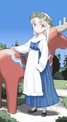 Rule 34 | 1girl, aged down, blue eyes, blush, child, eila ilmatar juutilainen, finland, head wreath, long hair, looking at viewer, pantyhose, shimada fumikane, solo, statue, strike witches, traditional clothes, white hair, white pantyhose, world witches series