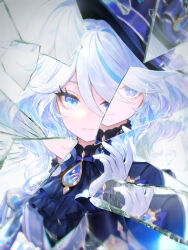 Rule 34 | 1girl, adelie cat, ahoge, app filter, ascot, black ascot, black shirt, blue bow, blue eyes, blue gemstone, blue hair, blue hat, blue jacket, bow, broken glass, closed mouth, collared jacket, commentary request, cropped, eyelashes, furina (genshin impact), furrowed brow, gem, genshin impact, glass, gloves, gold trim, hair between eyes, hand up, hat, hat bow, heterochromia, highres, jacket, long hair, long sleeves, looking at viewer, mismatched pupils, multicolored hair, ponytail, purple gemstone, reflection, shattered, shirt, simple background, smile, solo, top hat, two-tone hair, upper body, vest, water, white background, white gloves, white hair