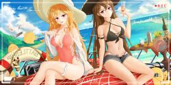 Rule 34 | &gt; &lt;, 2girls, absurdres, azur lane, backless swimsuit, bikini, bottle, breasts, brown bikini, brown hair, commentary, criss-cross halter, cross-laced bikini, cross-laced clothes, cross-laced one-piece swimsuit, cross-laced top, crossed legs, cutoff jeans, cutoffs, day, dutch angle, english commentary, hair between eyes, halterneck, hat, hiding, highleg, highleg bikini, highleg swimsuit, highres, jean bart (azur lane), jean bart (private apres midi) (azur lane), long hair, long sleeves, looking at viewer, manjuu (azur lane), medium breasts, micro shorts, multiple girls, official alternate costume, one-piece swimsuit, open clothes, open shorts, orange hair, outdoors, parfait, peeking out, pink one-piece swimsuit, pirate hat, recording, red eyes, richelieu (azur lane), richelieu (fleuron of the waves) (azur lane), ronal 1710, shorts, side-tie swimsuit, sitting, summer, swimsuit, very long hair, white sleeves