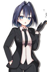 Rule 34 | 1girl, absurdres, black gloves, black necktie, black pants, black suit, blue eyes, blue hair, cigarette, collared shirt, formal, gloves, hair intakes, hand in pocket, highres, holding, holding cigarette, hololive, hololive english, necktie, open mouth, ouro kronii, panpanmc4, pant suit, pants, shadow, shirt, short hair, smoke, solo, suit, virtual youtuber, white shirt