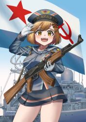Rule 34 | 1girl, :d, ak-47, arm up, artist request, assault rifle, black sailor collar, black skirt, blue headwear, blue shirt, breasts, brown eyes, brown hair, commentary, english commentary, gloves, gun, hair ornament, hairclip, hammer and sickle, highres, holding, holding gun, holding weapon, kalashnikov rifle, long sleeves, looking at viewer, medium breasts, open mouth, original, red star, rifle, russian text, sailor collar, ship, shirt, skirt, smile, solo, soviet navy, star (symbol), star hair ornament, striped clothes, striped shirt, translated, vehicle request, watercraft, weapon, white gloves