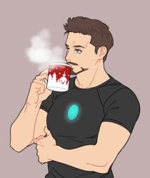 Rule 34 | 1boy, animification, arc reactor, black shirt, brown eyes, brown hair, collarbone, cup, drinking, facial hair, grey background, hand up, holding, holding cup, iron man (series), looking to the side, male focus, marvel, marvel cinematic universe, muscular, muscular male, shirt, short hair, short sleeves, simple background, solo, standing, star (symbol), star print, steam, t-shirt, tony stark, yukko93