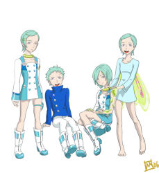 Rule 34 | 00s, 4girls, barefoot, boots, dual persona, eureka (eureka seven), eureka seven, eureka seven (series), full body, green hair, hair ornament, hairclip, multiple girls, purple eyes, short hair, simple background, thigh strap, white footwear, wings