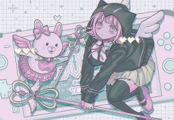 Rule 34 | 1girl, black jacket, black thighhighs, bow, breasts, brown skirt, danganronpa (series), danganronpa 2: goodbye despair, ear bow, game over, grid background, hair ornament, handheld game console, heart, holding, holding staff, jacket, large breasts, layered skirt, long sleeves, looking at viewer, medium hair, nanami chiaki, neck ribbon, open clothes, open jacket, pink bow, pink eyes, pink footwear, pink ribbon, pink skirt, pisapipi, pleated skirt, ribbon, shoes, skirt, staff, thighhighs, two-tone shirt, usami (danganronpa), wings