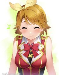 Rule 34 | 1girl, bare arms, blush, bokura no live kimi to no life, brown hair, closed eyes, closed mouth, curly hair, highres, jacket, koizumi hanayo, love live!, love live! school idol project, musical note, nakano maru, parted bangs, red jacket, red ribbon, ribbon, short hair, simple background, sleeveless, smile, solo, swept bangs, twitter username