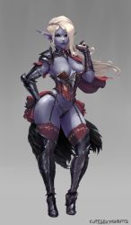 Rule 34 | 1girl, adjusting hair, armor, blonde hair, blue skin, breasts, cleavage, colored skin, commission, cutesexyrobutts, dark elf, earrings, elf, full body, garter straps, greaves, high heels, highres, jewelry, long hair, looking at viewer, medium breasts, original, parted lips, pointy ears, ponytail, red eyes, solo, standing, thick thighs, thighhighs, thighs