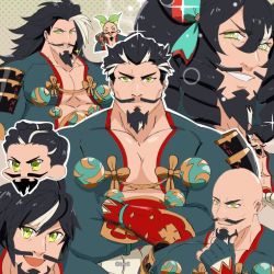 Rule 34 | 1boy, alternate design, alternate hairstyle, armor, bald, bara, black hair, chibi, chibi inset, collage, crossed arms, dragalia lost, facial hair, goatee, grey hair, hairstyle switch, large pectorals, long hair, looking at viewer, lyvli, male focus, mature male, multicolored hair, multiple views, muscular, muscular male, mustache, ojou-sama pose, parody, pectoral cleavage, pectorals, shingen (dragalia lost), short hair, shoulder armor, simple background, sparkle, twintails, two-tone hair, white hair