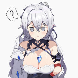 0_0 1girl ? abby_riddle bare_shoulders breasts bronya_zaychik bronya_zaychik_(silverwing:_n-ex) cleavage closed_mouth crystal grey_background grey_eyes grey_hair hair_between_eyes highres honkai_(series) honkai_impact_3rd large_breasts long_hair looking_at_viewer upper_body