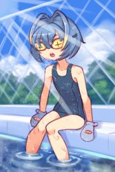 Rule 34 | 1girl, antenna hair, blue gloves, blue hair, blue one-piece swimsuit, bush, chain-link fence, chinchou, cloud, collarbone, creatures (company), drantyno, fence, game freak, gen 2 pokemon, gloves, goggles, hair ornament, hairclip, highres, light rays, mittens, multicolored hair, nintendo, one-piece swimsuit, open mouth, personification, pokemon, pool, school swimsuit, short hair, sitting, sky, soaking feet, sparkle, sunbeam, sunlight, swimsuit, teeth, two-tone hair, water, wet