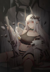Rule 34 | 1girl, absurdres, arknights, bare shoulders, breasts, cleavage, closed mouth, collar, collarbone, earrings, female focus, grey hair, hammer, highres, holding, holding hammer, holding weapon, horns, infection monitor (arknights), jewelry, laohuangdefang 5, large breasts, long hair, long sleeves, looking at viewer, mudrock (arknights), mudrock colossus (arknights), navel, off shoulder, open clothes, pointy ears, red eyes, sitting, solo, sports bra, spread legs, very long hair, weapon