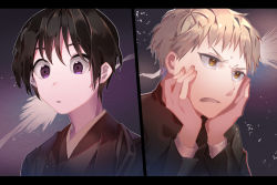 Rule 34 | 2boys, bakemono yawa-zukushi, black hair, black jacket, black kimono, blonde hair, character request, commentary request, hands on own chin, highres, jacket, japanese clothes, kimono, letterboxed, light particles, long sleeves, looking at viewer, male focus, multiple boys, parted lips, purple eyes, short hair, upper body, usagi uma te mu, very short hair, yellow eyes