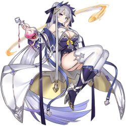 Rule 34 | 1girl, aquarius (ark order), ark order, ass, blue bow, blue footwear, blue nails, boots, bow, breasts, coat, covered navel, flask, full body, garter straps, grey hair, hair bow, hatoyama itsuru, high heel boots, high heels, high ponytail, holding, holding flask, large breasts, leotard, liquid, long hair, nail polish, off shoulder, official art, potion, purple eyes, purple leotard, silver trim, solo, tachi-e, thighhighs, transparent background, very long hair, white bow, white coat, white thighhighs, yellow bow