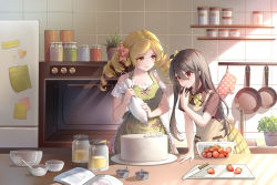 Rule 34 | 2girls, absurdres, alternate costume, apron, bare shoulders, black hair, blonde hair, bow, cake, character request, cookbook, cutting board, drill hair, faucet, finger to mouth, food, fruit, hair between eyes, highres, icing, jar, knife, long hair, looking at another, mahou shoujo madoka magica, mahou shoujo madoka magica (anime), measuring cup, mixing bowl, morimori (14292311), multiple girls, oven mitts, pastry bag, pink bow, pink skirt, plaid, plaid skirt, plant, potted plant, red eyes, refrigerator, shirt, sink, skirt, smile, sticky note, strawberry, tomoe mami, translation request, twin drills, white shirt, yellow skirt
