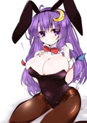 Rule 34 | 1girl, alternate costume, animal ears, bare shoulders, black leotard, blue ribbon, blush, bow, bowtie, breasts, cleavage, crescent, detached collar, fake animal ears, hair ribbon, highres, large breasts, leotard, long hair, looking at viewer, pantyhose, patchouli knowledge, playboy bunny, purple eyes, purple hair, rabbit ears, rabbit tail, red bow, red bowtie, red ribbon, ribbon, shirogane (platinum), sidelocks, solo, tail, touhou, tress ribbon, wrist cuffs