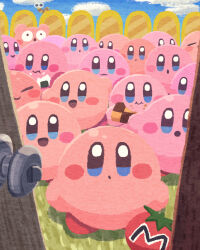 Rule 34 | :3, blue eyes, checkered necktie, closed mouth, door, eating, food, grass, highres, kirby, kirby (series), kirby mass attack, looking at viewer, maxim tomato, miclot, necktie, nintendo, no humans, onigiri, open mouth, smile, worm