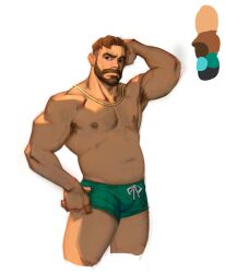 Rule 34 | 1boy, absurdres, arm hair, armpit hair, armpit hair peek, bara, beard, belly, brown hair, bulge, chest hair, connected beard, coral island, cropped legs, facial hair, full beard, green male swimwear, hairy, highres, large pectorals, leg hair, light frown, looking at viewer, male focus, male swimwear, mark (coral island), mature male, muscular, muscular male, mustache, navel, navel hair, ningningmother, nipples, pectorals, second-party source, short hair, solo, sparse chest hair, standing, stomach, swim briefs, thick beard, thick mustache, thighs, topless male, veins, veiny arms