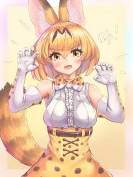 Rule 34 | 1girl, absurdres, animal ears, arms up, belt, blush, bow, bowtie, claw pose, elbow gloves, gloves, highres, kemono friends, korean text, looking at viewer, multicolored bowtie, multicolored clothes, multicolored gloves, neukkom, orange bow, orange bowtie, orange eyes, orange gloves, orange hair, orange skirt, serval (kemono friends), serval print, shirt, short hair, skirt, sleeveless, sleeveless shirt, smile, solo, tail, traditional bowtie, translation request, white bow, white bowtie, white gloves