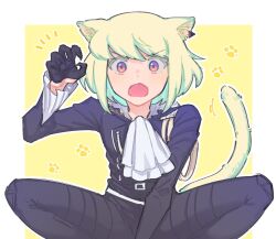 Rule 34 | 1boy, animal ears, ascot, belt, black jacket, black pants, blonde hair, border, cat boy, cat ears, cat tail, claw pose, claws, earrings, gloves, half gloves, highres, jacket, jewelry, kemonomimi mode, kome 1022, lio fotia, male focus, multiple belts, open mouth, pants, paw print, paw print background, promare, purple eyes, short hair, sidelocks, single earring, solo, squatting, tail, thigh belt, thigh strap, trap, triangle earrings, v-shaped eyebrows, white ascot, white border, yellow background