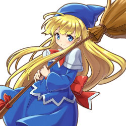 Rule 34 | 1girl, bad id, bad pixiv id, blonde hair, blue eyes, blue hat, blue skirt, broom, capelet, closed mouth, hat, holding, holding broom, long hair, long sleeves, looking at viewer, madou monogatari, moriya ako, outline, puyopuyo, sash, simple background, skirt, smile, solo, very long hair, white background, white capelet, witch (puyopuyo)