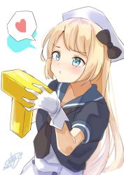 Rule 34 | 1girl, blonde hair, blue eyes, blue sailor collar, blush, calin, dated, dress, gloves, hat, heart, highres, jervis (kancolle), kantai collection, long hair, puffy short sleeves, puffy sleeves, sailor collar, sailor dress, sailor hat, short sleeves, signature, simple background, solo, spoken heart, upper body, white background, white dress, white gloves, white hat
