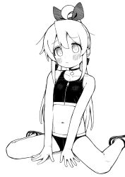 Rule 34 | 1girl, absurdres, ahoge, bare arms, bare shoulders, between legs, bikini, blush, breasts, choker, closed mouth, collarbone, commentary request, genderswap, genderswap (mtf), greyscale, hair ribbon, hand between legs, highres, long hair, looking at viewer, monochrome, navel, onii-chan wa oshimai!, oyama mahiro, ponytail, ribbon, sandals, seramikku, shadow, simple background, sitting, small breasts, solo, swimsuit, very long hair, wariza, white background