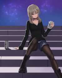 Rule 34 | 1girl, absurdres, beer can, black choker, black footwear, black pantyhose, black sweater, blue shorts, boots, can, choker, closed mouth, collarbone, commentary request, denim, denim shorts, drink can, earclip, girls band cry, grey eyes, highres, holding, holding can, kawaragi momoka, kyouji44288608, light brown hair, long hair, long sleeves, looking at viewer, night, night sky, outdoors, pantyhose, shadow, shorts, sitting, sky, smile, solo, star (sky), starry sky, sweater