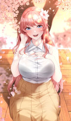 Rule 34 | 1girl, adjusting hair, akchu, bare shoulders, beige skirt, bench, blue eyes, bra visible through clothes, breasts, cherry blossoms, collared shirt, commentary, falling petals, flower, from above, hair flower, hair ornament, hand on own chest, highres, large breasts, long hair, long skirt, looking at viewer, open mouth, original, outdoors, petals, pink hair, shirt, short sleeves, sidelocks, sitting, skirt, sleeveless, sleeveless shirt, smile, tree, white shirt, wooden bench