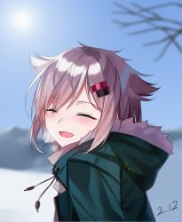 Rule 34 | 1girl, azur lane, blue sky, closed eyes, commentary request, dated, day, from behind, fur-trimmed jacket, fur trim, green jacket, grey hair, hair ornament, hairclip, highres, hood, hoodie, jacket, looking back, montpelier (azur lane), open mouth, outdoors, portrait, shokuyou koori, sky, smile, snow, solo, winter clothes