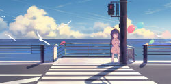 Rule 34 | 1girl, ahoge, animal, balloon, bird, black hair, blue footwear, blue sky, blush, braid, brown dress, child, closed mouth, cloud, collared dress, commentary request, crosswalk, day, dress, horizon, leilin, long hair, long sleeves, looking at viewer, low twintails, ocean, original, outdoors, pedestrian lights, railing, red eyes, road, sky, solo, standing, twin braids, twintails, water