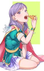 Rule 34 | 1girl, aduti momoyama, belt pouch, cape, circlet, dress, feather trim, fire emblem, fire emblem: path of radiance, fire emblem heroes, food, gold trim, gradient clothes, hair ornament, highres, holding, holding food, holding pizza, ilyana (fire emblem), ilyana (resplendent) (fire emblem), jewelry, long hair, looking at viewer, nintendo, official alternate costume, open mouth, pink cape, pizza, pouch, purple eyes, purple hair, short dress, short sleeves, simple background, skirt, solo, white background, wrist cuffs