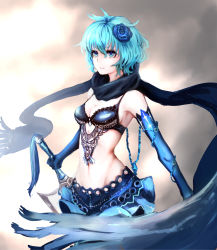 Rule 34 | 1girl, armpits, bare shoulders, bikini, bikini top only, black scarf, blue eyes, blue gloves, blue hair, breasts, cleavage, drag-on dragoon, drag-on dragoon 3, elbow gloves, flower, gloves, groin, hair flower, hair ornament, highres, holding, holding weapon, huge weapon, light smile, looking away, lumo 1121, matching hair/eyes, navel, scarf, short hair, small breasts, solo, swimsuit, sword, two (drag-on dragoon), weapon