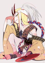 Rule 34 | 1girl, blonde hair, closed mouth, cup, fate/grand order, fate (series), fingernails, holding, horns, ibaraki douji (fate), japanese clothes, knee up, long hair, looking at viewer, oni horns, rope, sakazuki, sharp fingernails, shimenawa, sidelocks, sitting, smile, sohin, solo, tattoo, yellow eyes