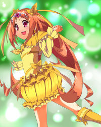 Rule 34 | 10s, 1girl, boots, bow, circlet, cure muse, cure muse (yellow), dress, frills, ginopi, green background, hair ribbon, heart, long hair, magical girl, orange hair, precure, red eyes, ribbon, shirabe ako, smile, solo, suite precure, yellow dress