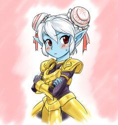 Rule 34 | 1girl, armor, blue skin, blush, colored skin, crossed arms, double bun, league of legends, nam (valckiry), pointy ears, poppy (league of legends), red eyes, yordle