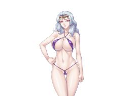 Rule 34 | 1girl, areola slip, bikini, breasts, cara cromwell, cara the blood lord, kagami hirotaka, large breasts, lilith-soft, looking at viewer, micro bikini, red eyes, simple background, solo, swimsuit, white background, white hair
