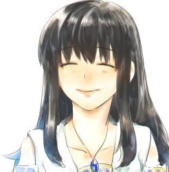 Rule 34 | 1girl, black hair, closed eyes, closed mouth, collarbone, gensou suikoden, ikunosake, jewelry, long hair, necklace, portrait, simple background, smile, solo, viki (suikoden), white background