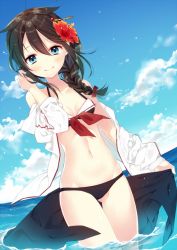 Rule 34 | 10s, 1girl, adapted costume, adjusting hair, ahoge, alternate costume, bare shoulders, bikini, black bikini, black hair, blue eyes, braid, cloud, cloudy sky, collarbone, cowboy shot, day, dutch angle, flower, hair flaps, hair flower, hair ornament, hair over shoulder, hairpin, hibiscus, kantai collection, looking at viewer, naoto (tulip), navel, ocean, off shoulder, partially submerged, shigure (kancolle), shigure kai ni (kancolle), single braid, sky, smile, solo, standing, swimsuit, wading, water