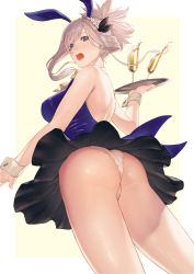 Rule 34 | 1girl, animal ears, ascot, ass, asymmetrical hair, back, bare shoulders, blue dress, blue eyes, blush, border, breasts, clothes lift, coattails, cup, detached collar, dress, drinking glass, fate/grand order, fate (series), highres, large breasts, long hair, looking at viewer, looking back, maid headdress, miyamoto musashi (fate), mugetsu2501, open mouth, panties, pink hair, ponytail, rabbit ears, simple background, solo, swept bangs, thighs, tray, underwear, upskirt, white border, white panties, wine glass, wrist cuffs, yellow background