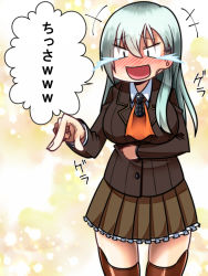 Rule 34 | +++, 10s, 1girl, :d, ascot, blush, breasts, crying, gradient background, green hair, kantai collection, large breasts, laughing, long hair, looking at viewer, open mouth, pleated skirt, pointing, school uniform, skirt, smile, solo, streaming tears, suzuya (kancolle), tears, translation request, yokai (yokai0401)