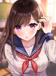 Rule 34 | 1girl, absurdres, blurry, blurry background, blush, breasts, brown hair, classroom, collarbone, commentary request, hair behind ear, highres, huge filesize, indoors, long sleeves, looking at viewer, medium breasts, open mouth, original, parum39, purple eyes, school uniform, serafuku, shirt, solo, upper body, white shirt