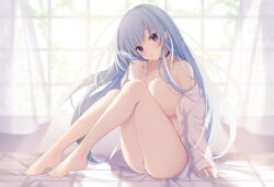 Rule 34 | 1girl, ass, bare legs, bare shoulders, barefoot, black choker, blue hair, breast press, breasts, choker, coffee mug, cup, curtains, dress shirt, emori miku, feet, head tilt, heart, highres, holding, holding cup, knees up, large breasts, liver city, long hair, long sleeves, looking at viewer, miko (royal milk), mug, no bra, no pants, off shoulder, open clothes, open shirt, panties, parted lips, purple eyes, second-party source, shirt, sidelocks, sitting, solo, steam, striped clothes, striped panties, underwear, very long hair, white shirt, window