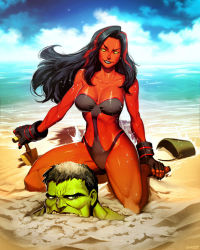 Rule 34 | 1boy, 1girl, barefoot, beach, betty ross, black hair, black lips, black nails, blue eyes, breasts, bruce banner, bucket, buried, collarbone, colored skin, fingerless gloves, genzoman, gloves, green skin, hulk, impossible clothes, lipstick, makeup, marvel, multicolored hair, nail polish, no pupils, ocean, one-piece swimsuit, red hair, red she-hulk, red skin, shovel, solid eyes, streaked hair, sweat, swimsuit, worktool, yellow eyes