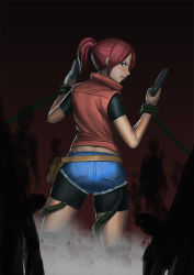 Rule 34 | 1girl, bad id, bad pixiv id, belt, bike shorts, blue eyes, blush, brown hair, claire redfield, clenched teeth, denim, denim shorts, dual wielding, from behind, gun, handgun, holding, holster, k2shh, looking at viewer, looking back, penis, penis silhouette, ponytail, red hair, red vest, resident evil, resident evil 2, restrained, short hair, short sleeves, shorts, sidelocks, silhouette, solo focus, standing, tank top, teeth, tentacles, undead, vest, weapon, zombie