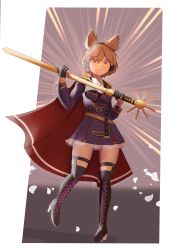 Rule 34 | 1girl, absurdres, alternate costume, belt, black dress, black footwear, boots, brown eyes, closed mouth, cross-laced footwear, dress, earmuffs, emphasis lines, full body, high heel boots, high heels, highres, holding, holding sword, holding weapon, kalejdodatabase, light brown hair, looking at viewer, military, military uniform, short hair, smile, solo, sword, thigh boots, thigh strap, touhou, touhou lostword, toyosatomimi no miko, uniform, weapon