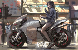 Rule 34 | 1girl, backpack, bag, brown hair, cellphone, cigarette, commentary, holding, holding phone, itasha, jacket, long hair, looking afar, motor vehicle, motorcycle, nike (company), one-punch man, original, phone, road, saitama (one-punch man), shoes, shorts, sitting, sketch, smartphone, smoking, sneakers, solo focus, street, wlop