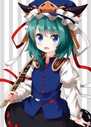 Rule 34 | 1girl, asymmetrical hair, balance scale, black skirt, blue eyes, blue hat, blue vest, buttons, epaulettes, frilled hat, frills, green hair, grey background, hat, highres, holding rod, juliet sleeves, long sleeves, looking at viewer, medium hair, open mouth, puffy sleeves, red ribbon, ribbon, ribbon-trimmed skirt, ribbon trim, rod of remorse, ruu (tksymkw), shiki eiki, skirt, solo, standing, striped, striped background, touhou, vest, weighing scale, white background, white ribbon, white skirt