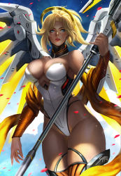 Rule 34 | 1girl, adapted costume, artist name, bare shoulders, blonde hair, blue eyes, bodysuit, breasts, brown thighhighs, cleavage, closed mouth, cowboy shot, day, detached collar, detached sleeves, falling petals, fingernails, hair tie, halo, high ponytail, highleg, highleg leotard, highres, holding, holding staff, large breasts, legs together, leotard, lips, long fingernails, long hair, looking away, mechanical halo, mechanical wings, mercy (overwatch), motion blur, nose, orange thighhighs, outdoors, overwatch, overwatch 1, parted bangs, petals, pink lips, realistic, soffa soffa, solo, spread wings, staff, standing, thighhighs, thighs, wings