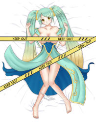 Rule 34 | 1girl, aqua hair, bare shoulders, blonde hair, blush, breasts, caution tape, censored, gradient hair, keep out, knees together feet apart, large breasts, league of legends, long hair, lying, multicolored hair, panties, panties around leg, solo, sona (league of legends), twintails, underwear, very long hair, white panties, yellow eyes, yushako